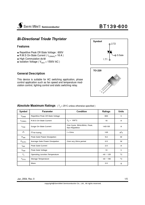 BT139-600 SemiWell