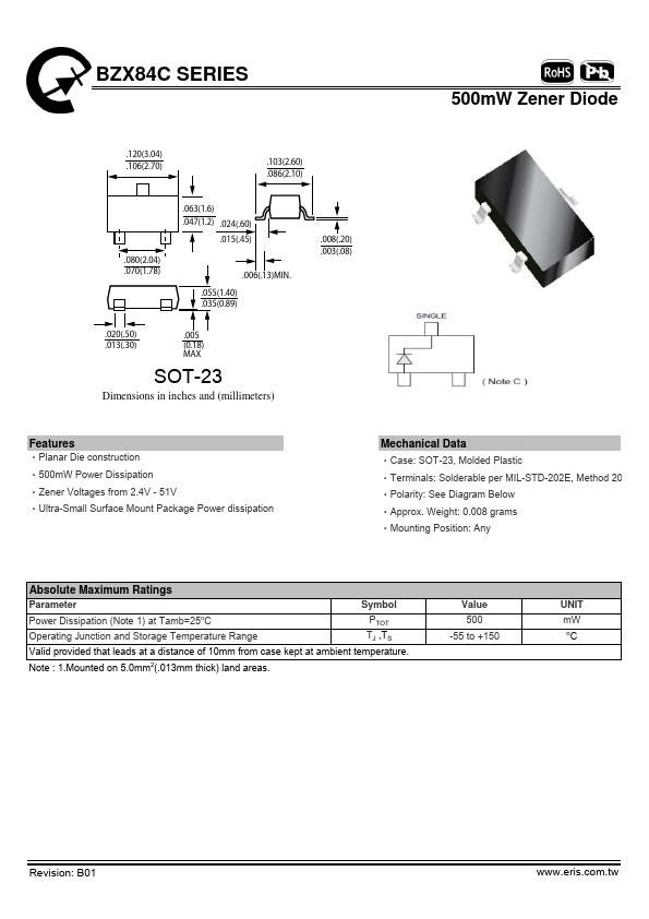 BZX84C2V7 Datasheet - 500mW Zener Diode