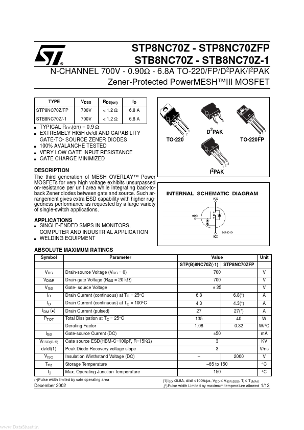 STB8NC70Z-1 STMicroelectronics