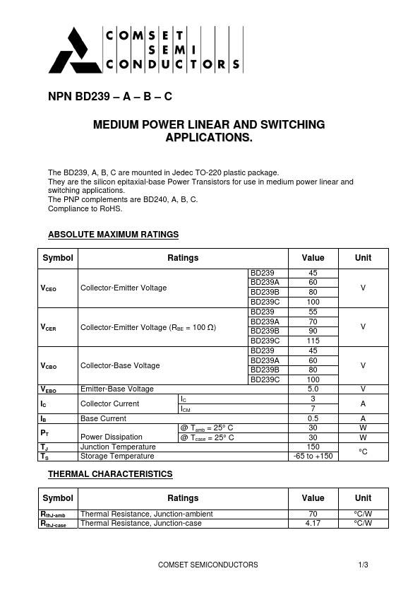 BD239B Comset Semiconductors