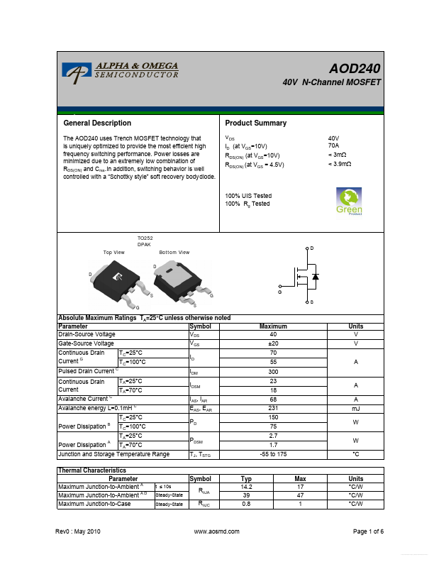 AOD240 Alpha & Omega Semiconductors