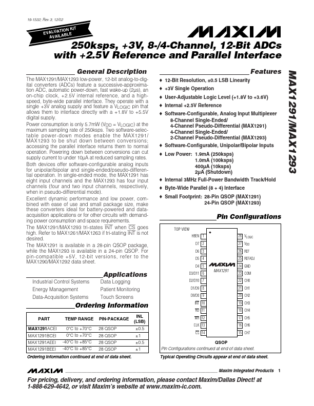 <?=MAX1293?> डेटा पत्रक पीडीएफ