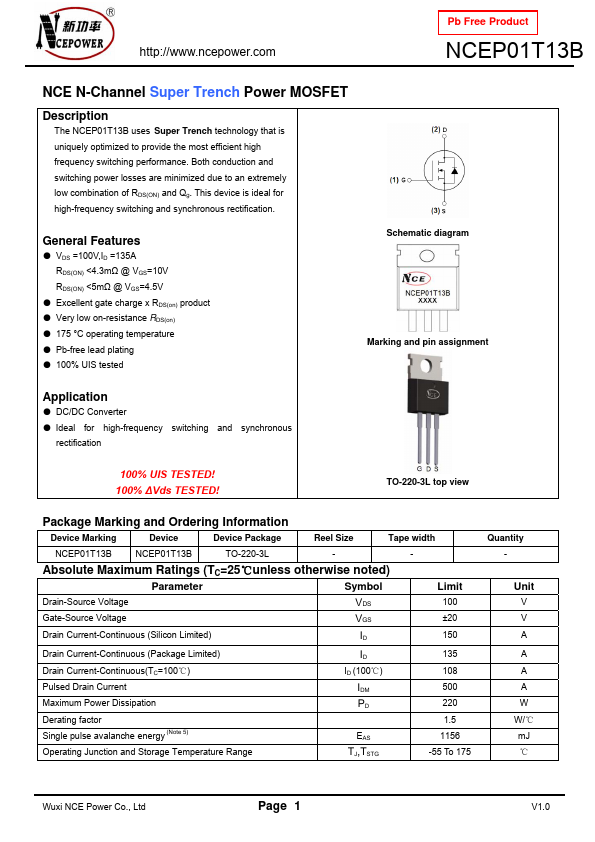 NCEP01T13B NCE Power Semiconductor