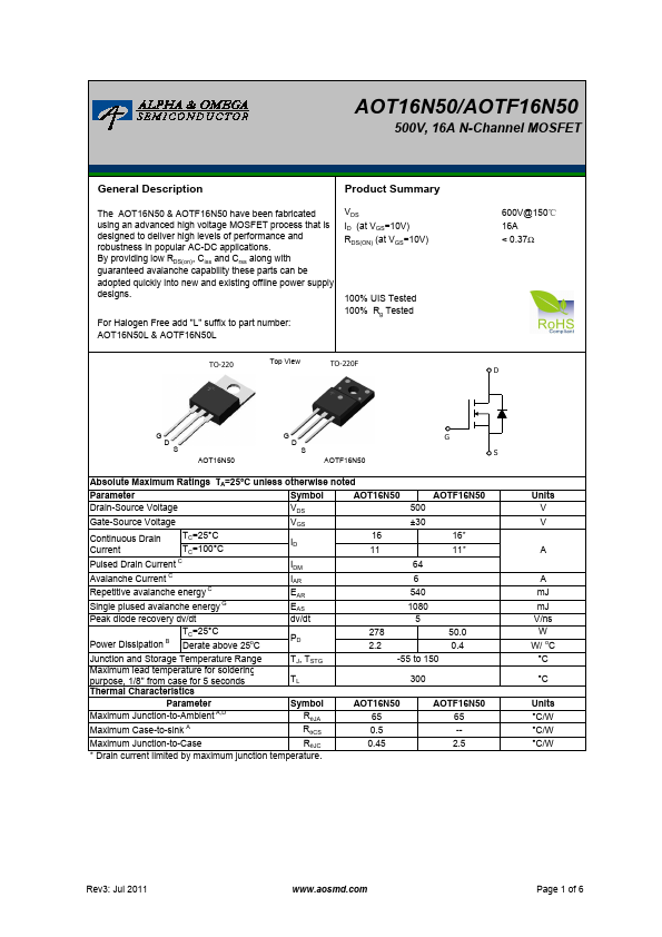 T16N50 Alpha & Omega Semiconductors