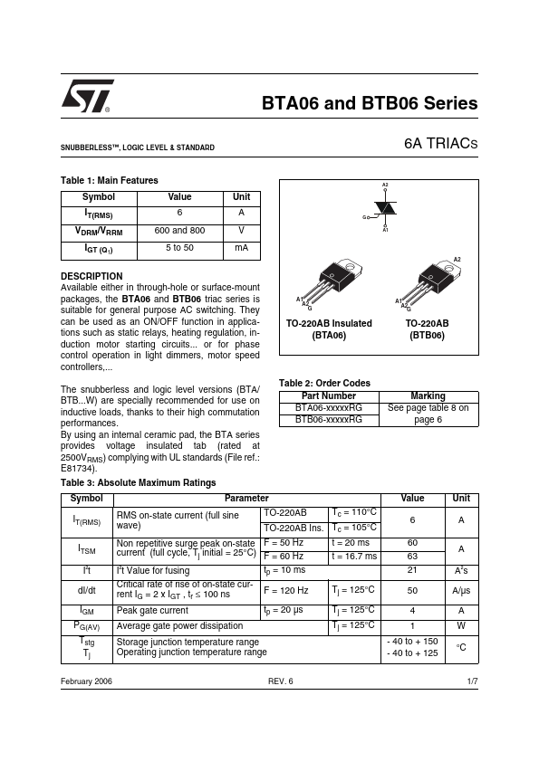 BTB06-800SW STMicroelectronics