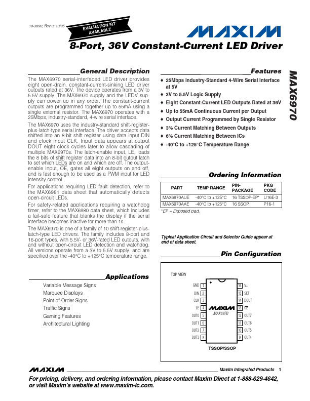 <?=MAX6970?> डेटा पत्रक पीडीएफ