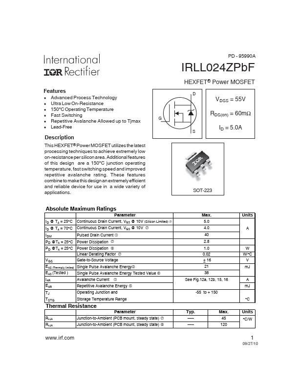 IRLL024ZPbF International Rectifier