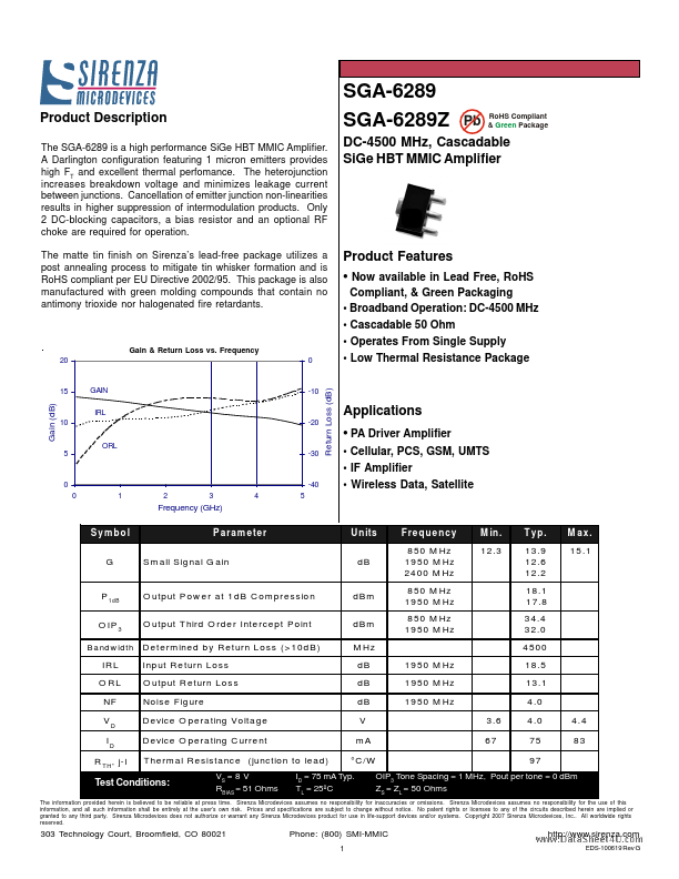 SGA-6289Z Sirenza Microdevices