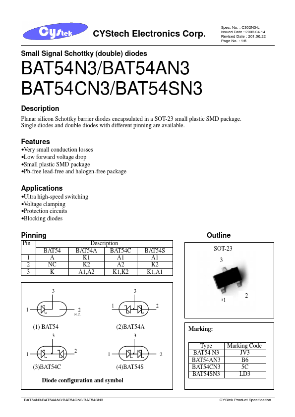 <?=BAT54AN3?> डेटा पत्रक पीडीएफ