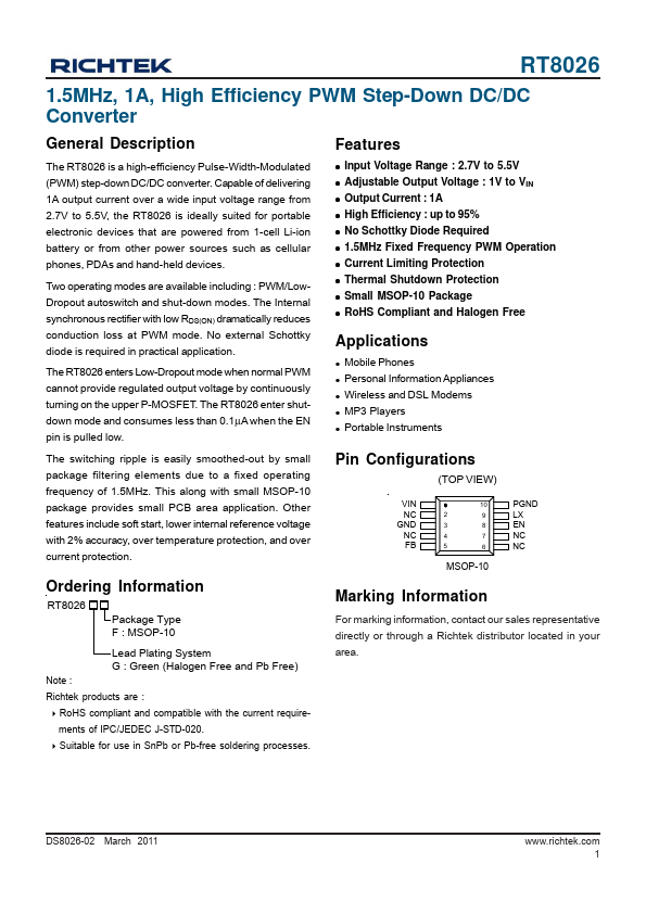 RT8020 - Dual High-Efficiency PWM Step-Down DC/DC Converter