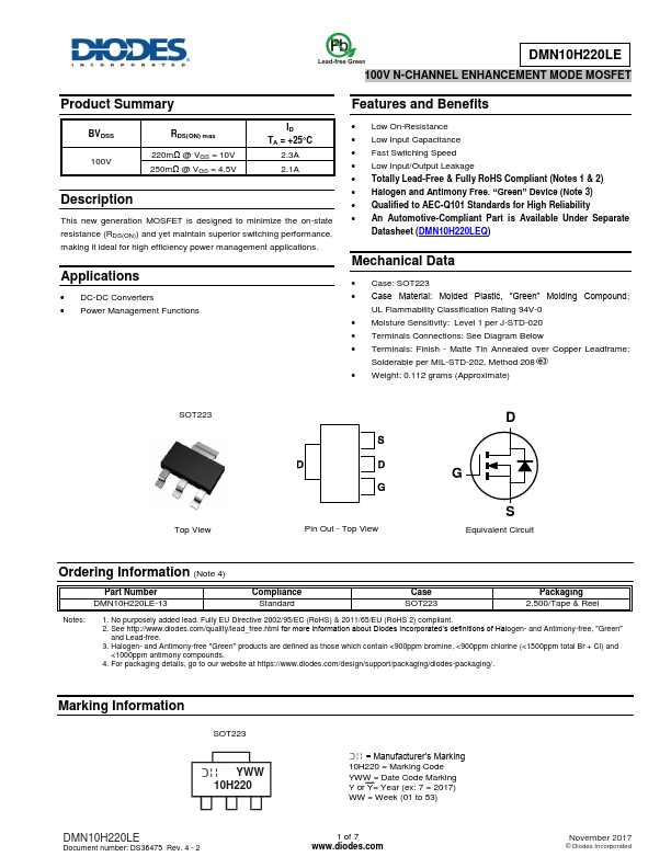 DMN10H220LE Diodes