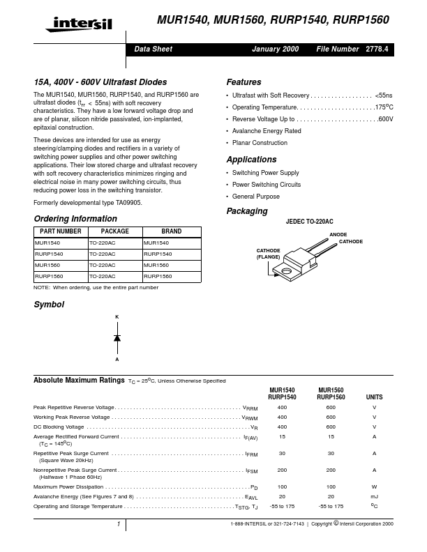 RURP1560 Intersil Corporation