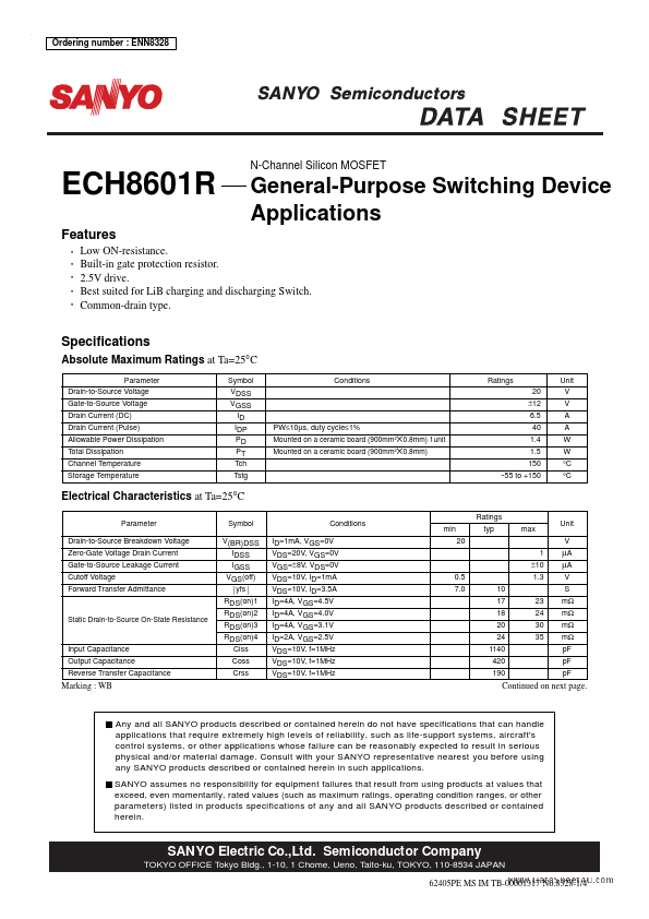 ECH8601R Sanyo Semicon Device