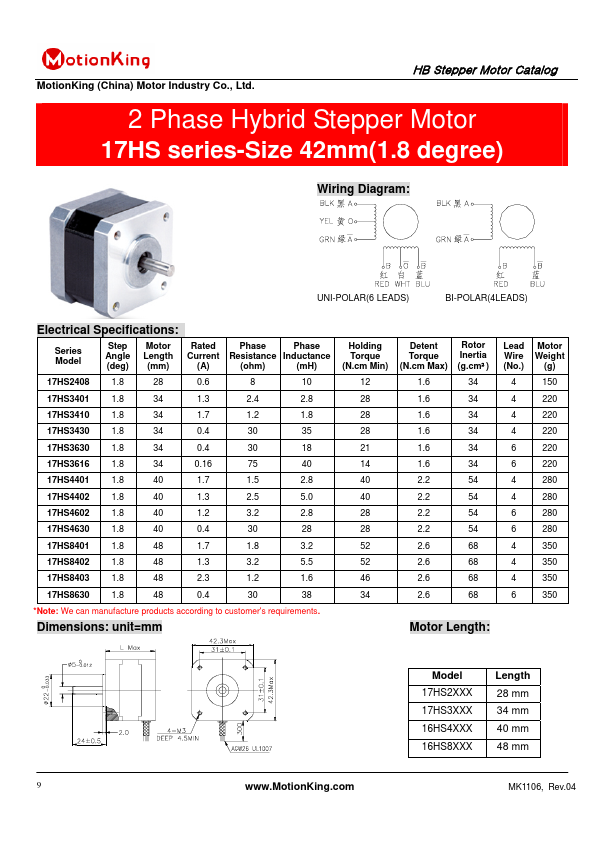 17HS3401 Datasheet - 2 Phase Hybrid Stepper Motor