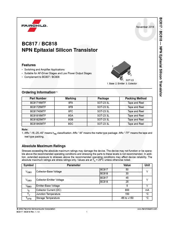 BC817 TRANSISTOR Datasheet pdf - SILICON TRANSISTOR. Equivalent, Catalog