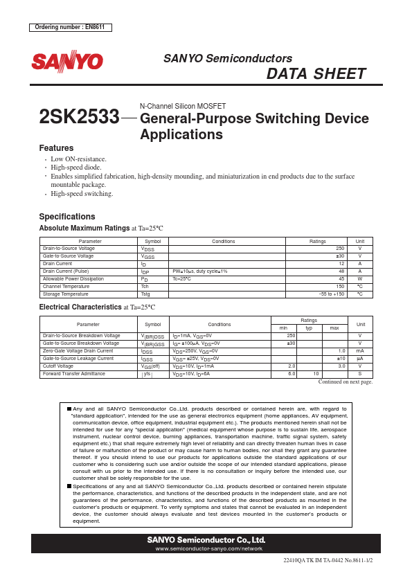 2SK2533 Sanyo Semicon Device