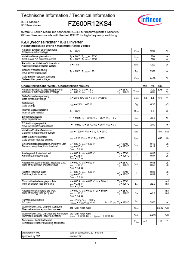 <?=FZ600R12KS4?> डेटा पत्रक पीडीएफ