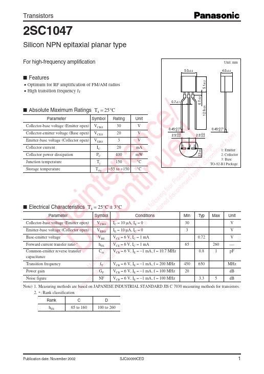 2SC1047 Panasonic Semiconductor