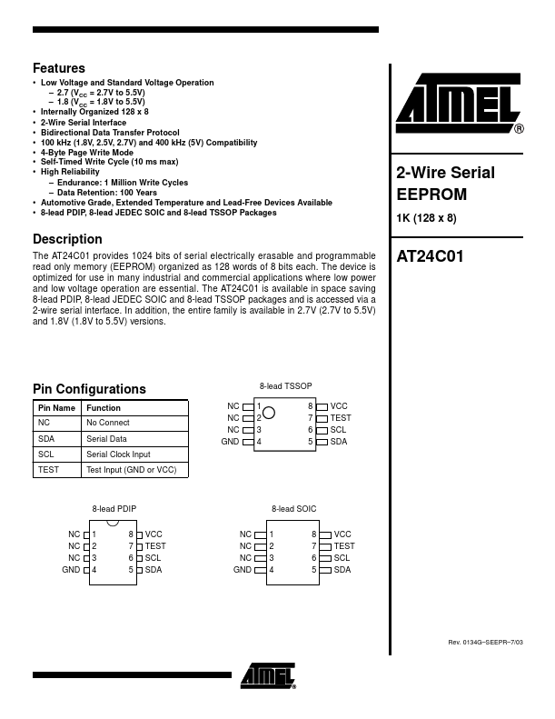 <?=AT24C01?> डेटा पत्रक पीडीएफ