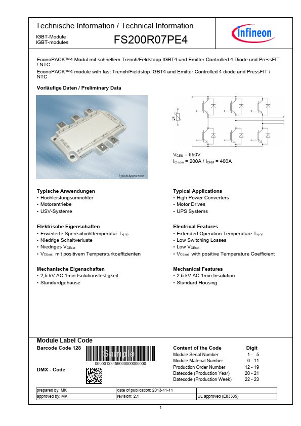 FS200R07PE4 Infineon