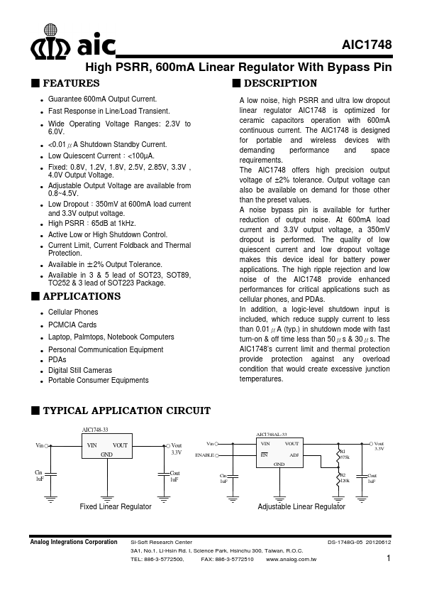 AIC1748 Analog Intergrations Corporation