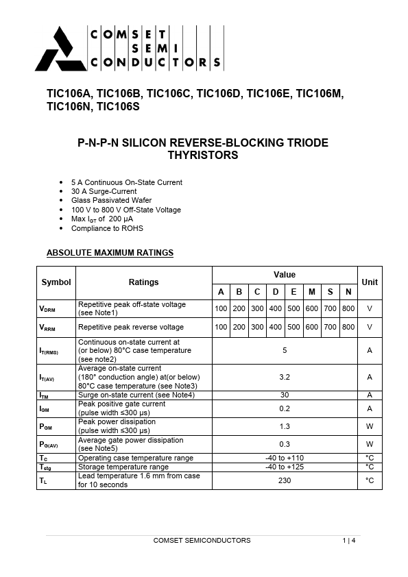 TIC106D Comset Semiconductors