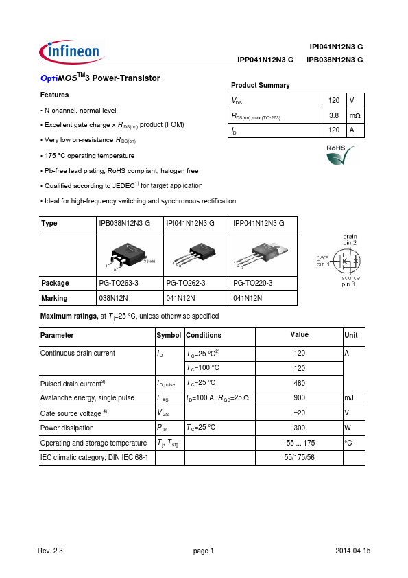 IPI041N12N3 Infineon