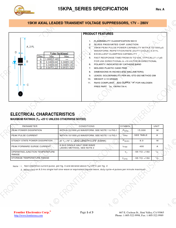 15KPA64CA Frontier Electronics