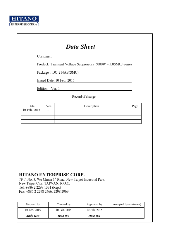 <?=5.0SMCJ190?> डेटा पत्रक पीडीएफ