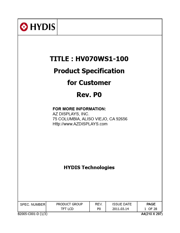 <?=HV070WS1-100?> डेटा पत्रक पीडीएफ