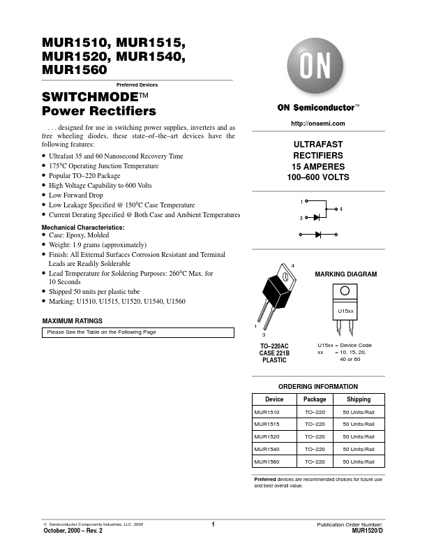 MUR1560 Rectifiers Datasheet pdf - Power Rectifiers. Equivalent, Catalog