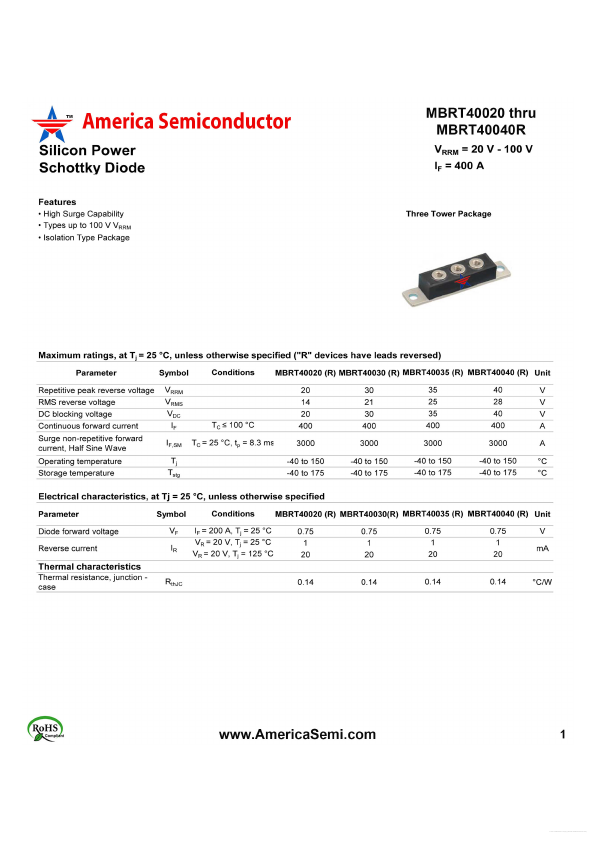 MBRT40020R America Semiconductor