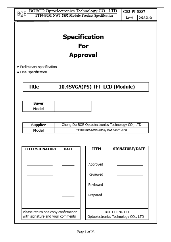 TT104S0M-NW0-2852 BOE