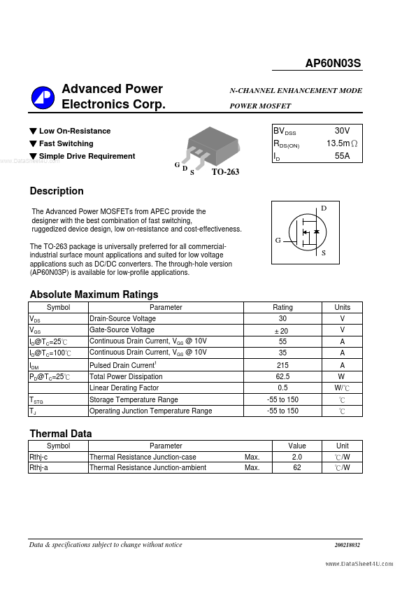 AP60N03S Advanced Power Electronics