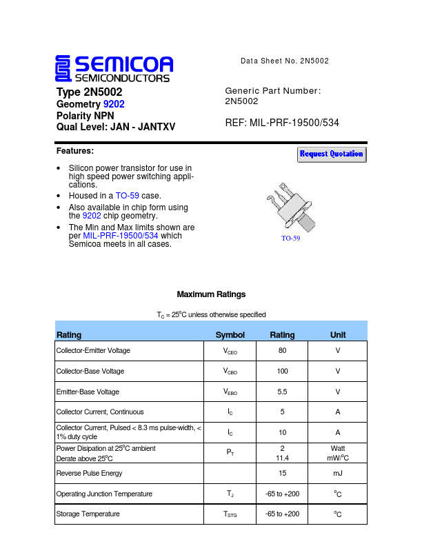 2N5002 Semicoa Semiconductor