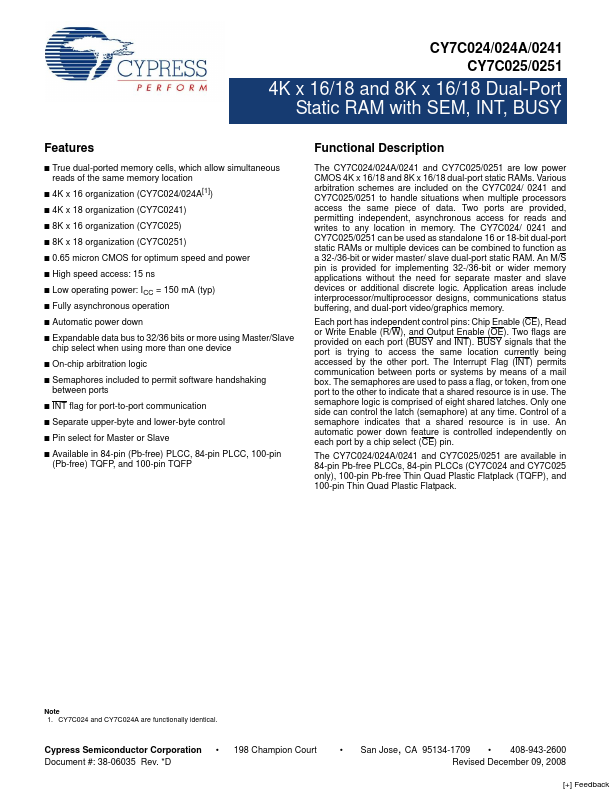 CY7C0241 Cypress Semiconductor