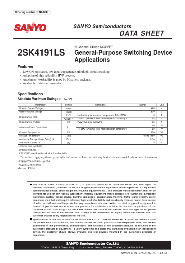 2SK4191LS Sanyo Semicon Device
