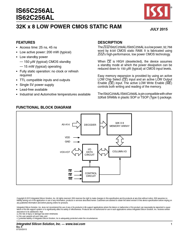 IS62C256AL Integrated Silicon Solution