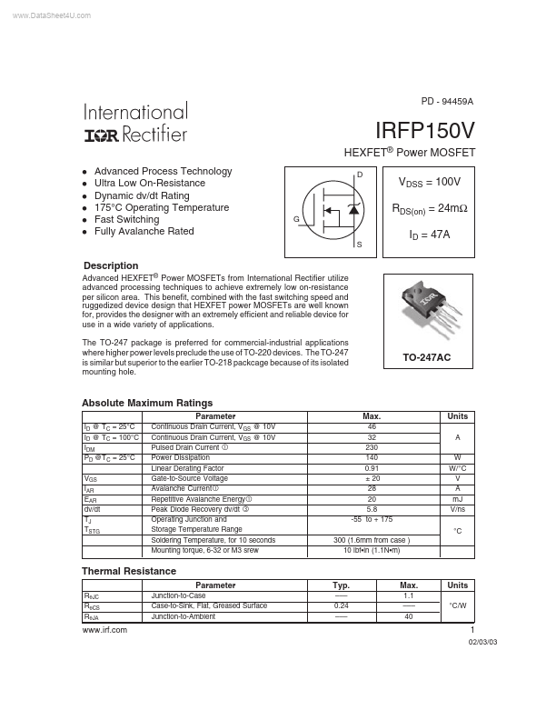 <?=IRFP150V?> डेटा पत्रक पीडीएफ