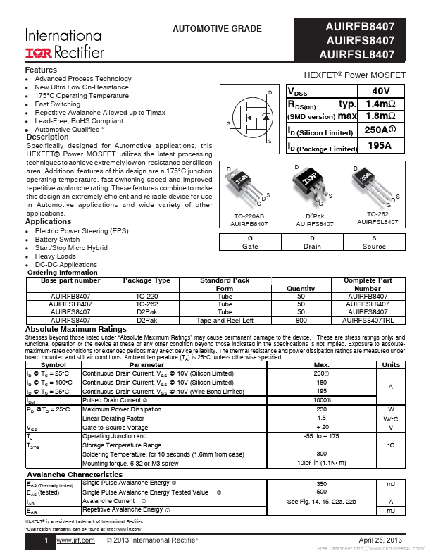 AUIRFSL8407 International Rectifier