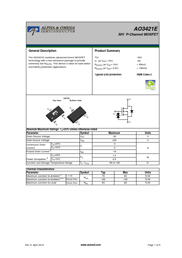 AO3421E Alpha & Omega Semiconductors