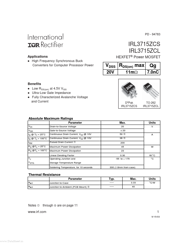 IRL3715ZCS International Rectifier