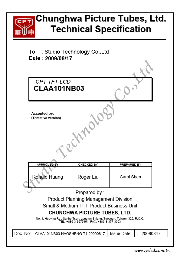 CLAA101NB03 CHUNGHWA PICTURE TUBES