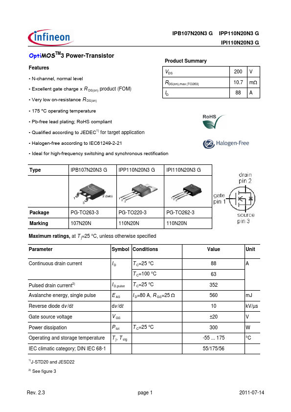 <?=IPB107N20N3?> डेटा पत्रक पीडीएफ