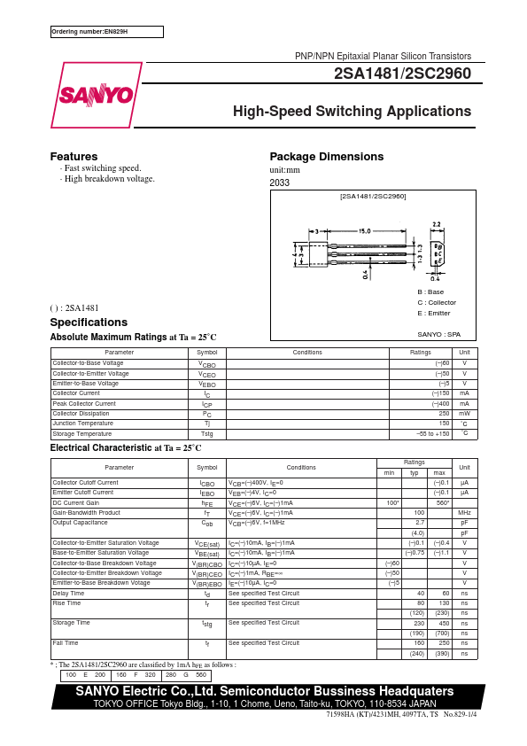 2SA1481 Sanyo Semicon Device