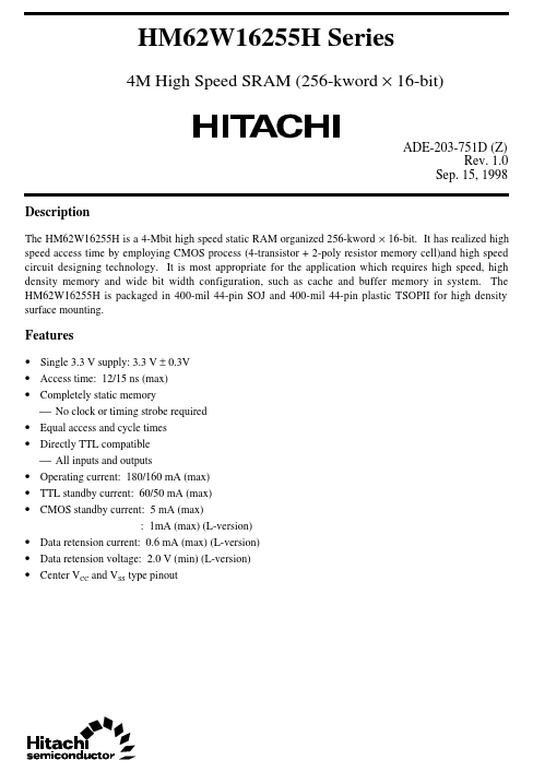 HM62W16255H Hitachi Semiconductor