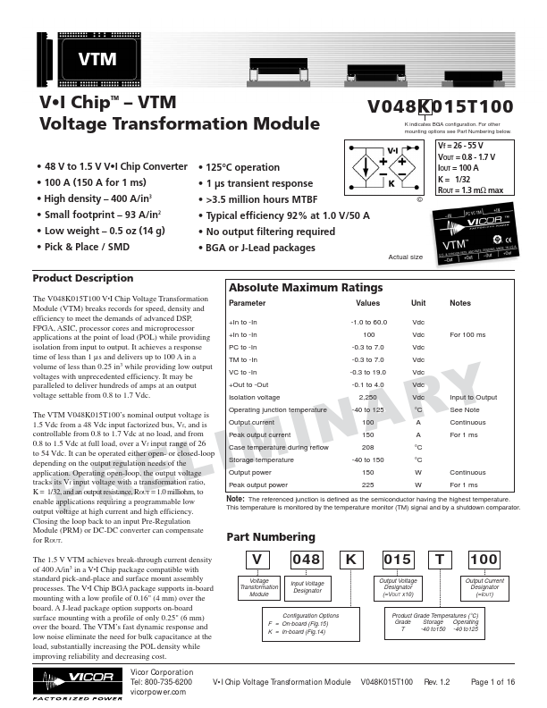 V048F015T100 Vicor Corporation
