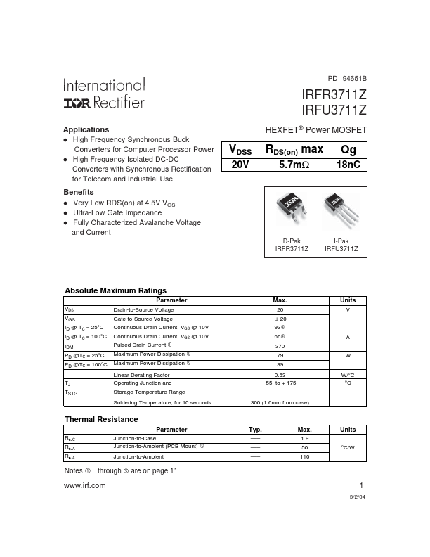 <?=IRFU3711Z?> डेटा पत्रक पीडीएफ