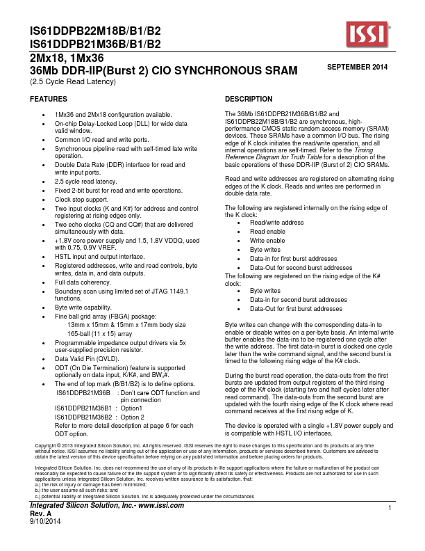 IS61DDPB22M18B1 Integrated Silicon Solution