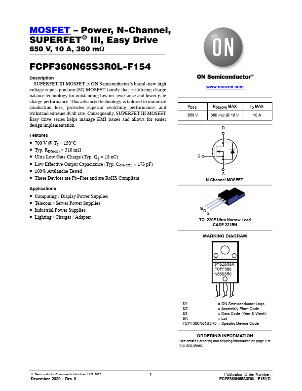 FCPF360N65S3R0 ON Semiconductor